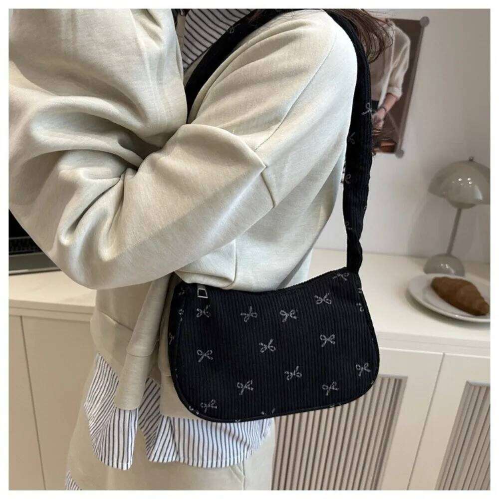 Casual Corduroy Underarm Cute Bowknot Large Capacity Shoulder Lightweight Tote Handbag Women Mini Small Clutch Bag Y260205