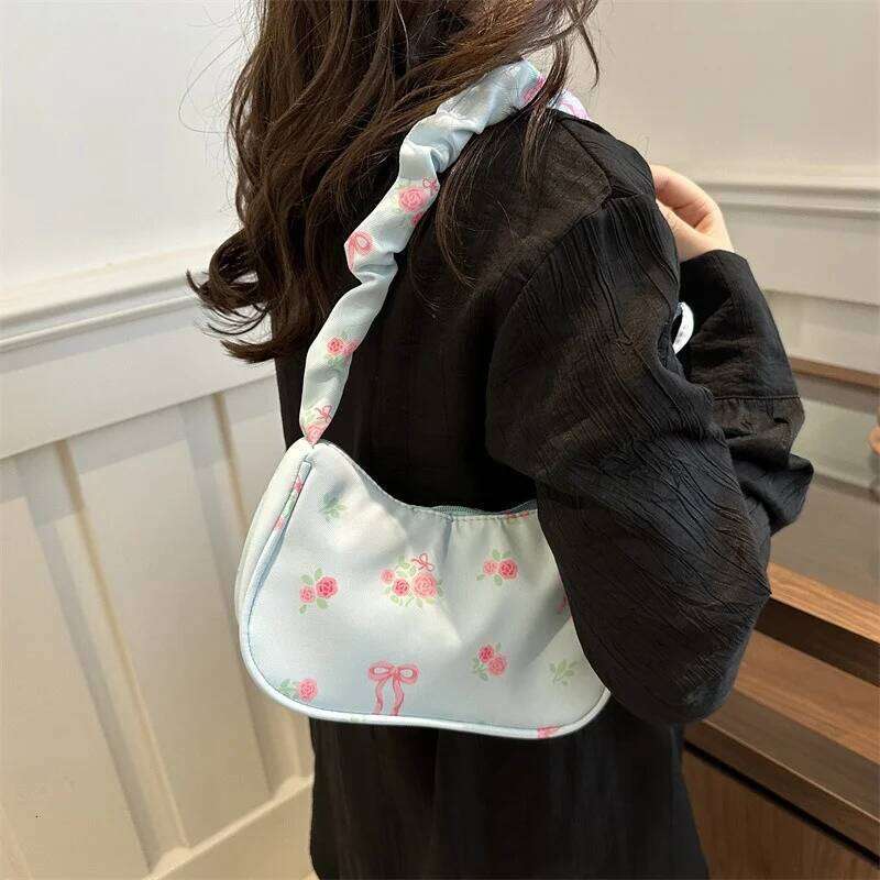 2025 Summer Women Underarm Bags Canvas Pleated Drawstring Purse Aesthetic Floral Bow Design Y2K Pretty Fashion Shoulder Handbags Z260207 - view 4