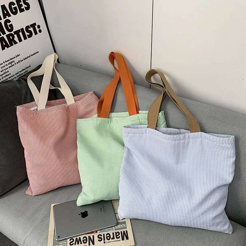 Stripe Contrast Color Women's Canvas Shoulder Large Capacity CollegeBook Tote Zipper Handbags Simple Commuter Shopping Bag Y260205