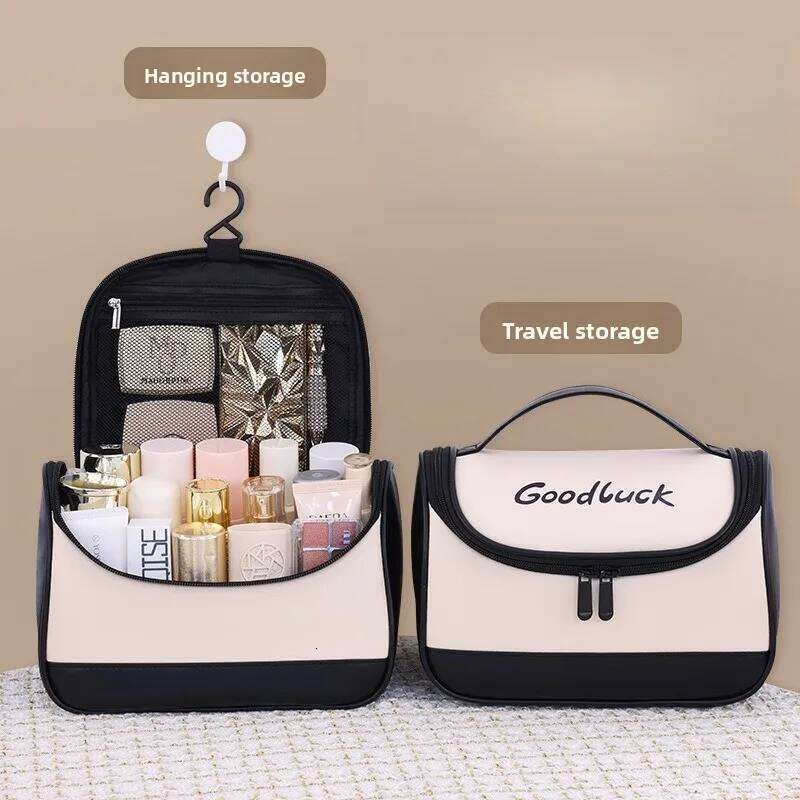 Women's PU Leather Hanging Makeup Bag Portable Travel Cosmetic Organizer Bathroom Toiletry Pouch with Handheld Design Y260206