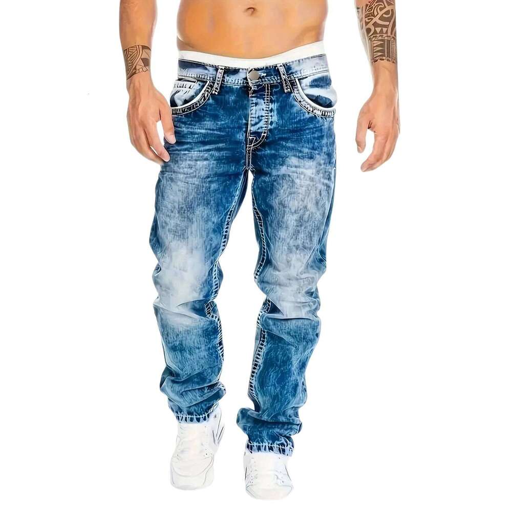 1pc Men's Casual Slim-Fit Stretch Jeans, Fashionable Street-Style Gradient Denim Pants with Washed-Out Look, Regular Fit, Machin X260207