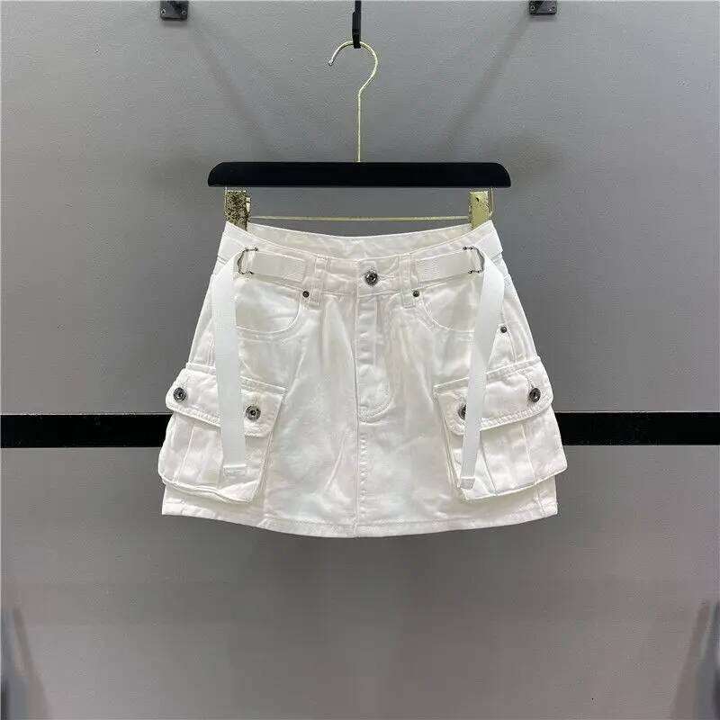 Zipper Fly SKirts Button Women's Denim Cargo with Pockets Sexy Mini A-line Jean Skirts Female Streetwear XJ260206
