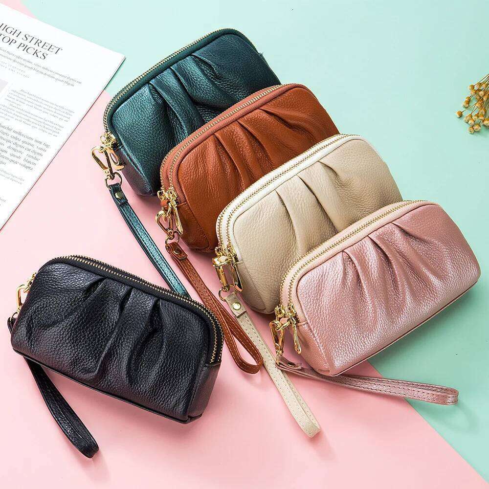 New 2025 Versatile Lady Wallet Contrast Color Key Ring Chain Style Real Top Layer Cow Leather Zipper Coins Pocket Purse Y260206