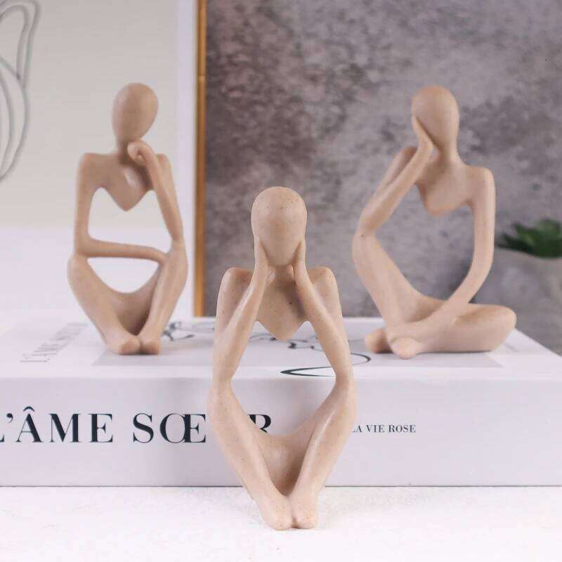 3-Piece Set Nordic Minimalist Sandstone Mini Thinker Sculpture - Home Decor Art Craft, Office Bookshelf, Bedroom Tabletop Decora S260204