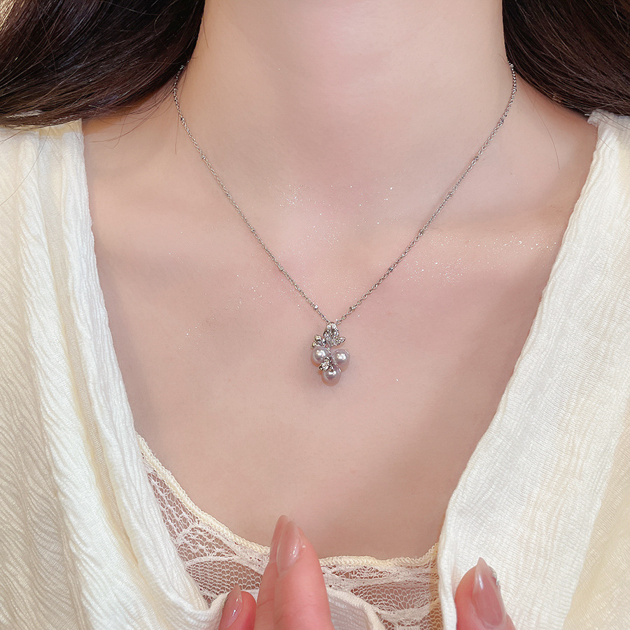 French-style zircon flower pearl earrings and necklace, vintage elegant jewelry set, light luxury high-end accessories for women - view 3