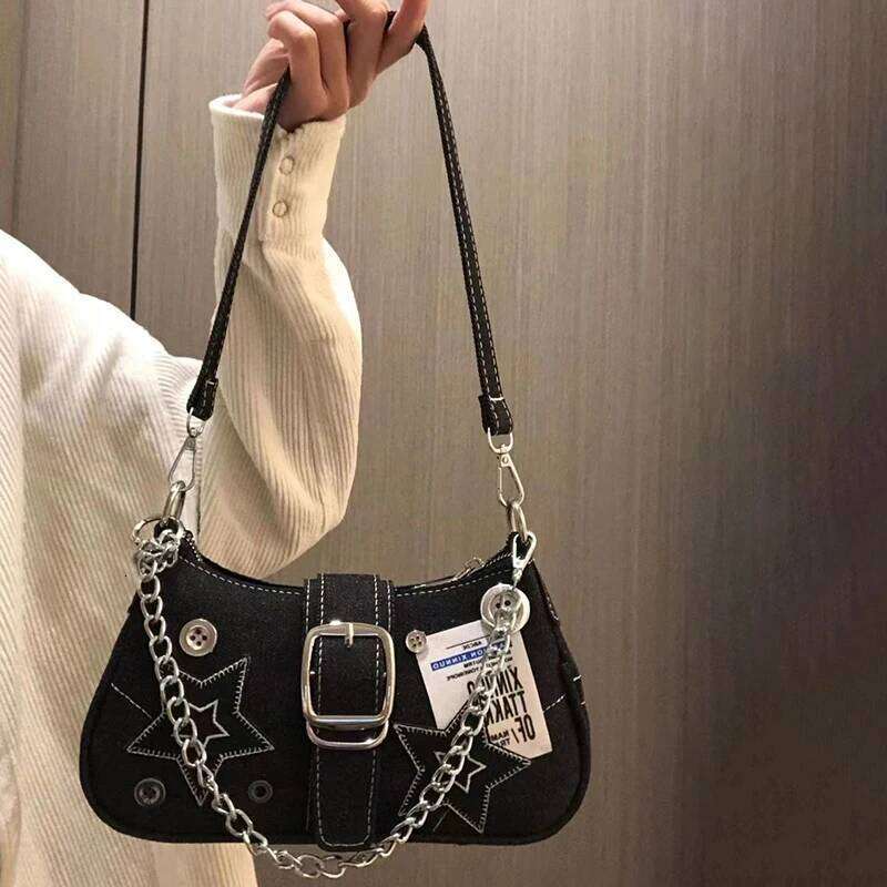 Fashion Women's Handbags Denim Stars Pattern Cool Girls Y2K Underarm Canvas Female Small Shoulder Bags Chain Tote Bag Y260205
