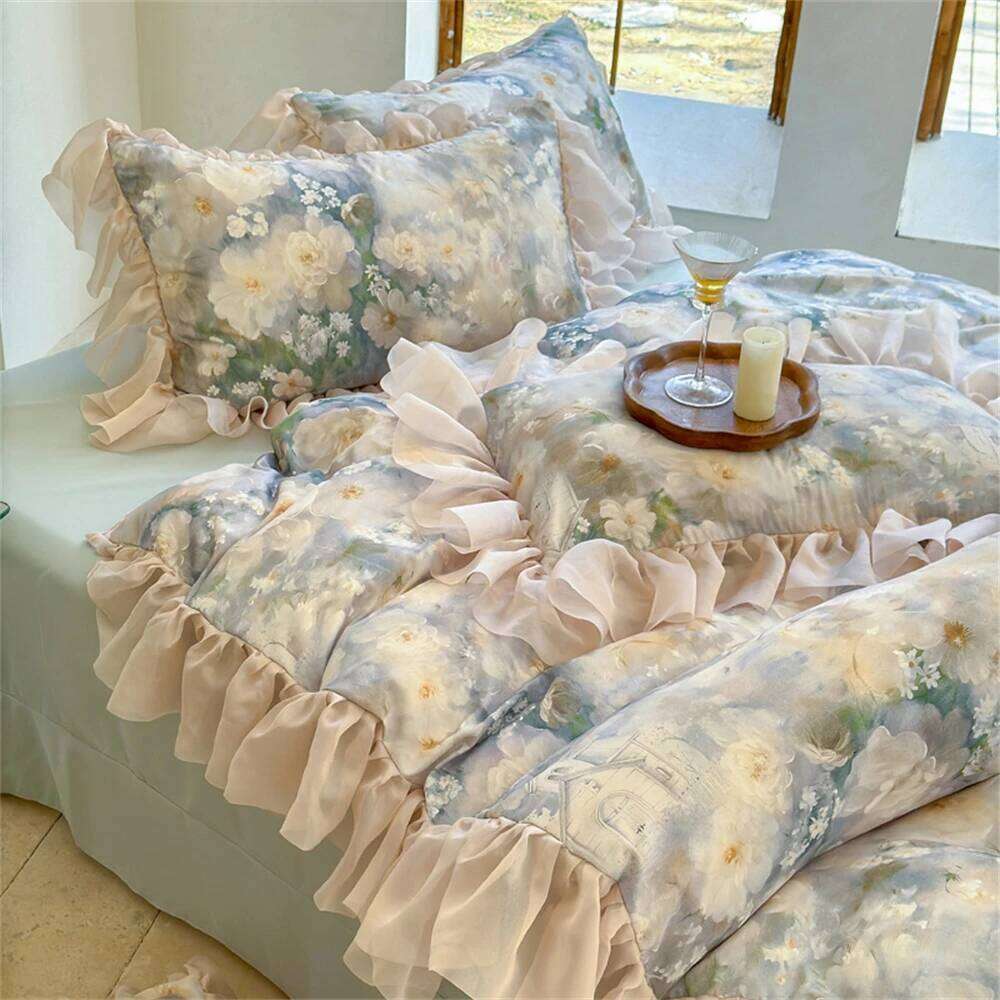 Flower Bedding Luxury Bedroom Decor Comforter Ruffles Duvet Cover Pillowcase Bed Sheet Washed Cotton Four Pieces Set XJ260206