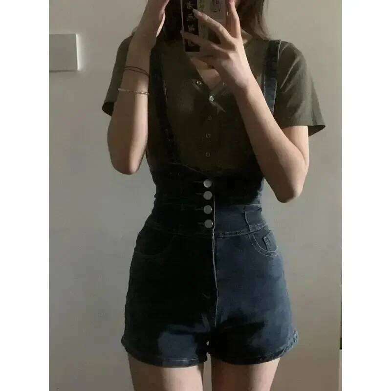Retro Denim for Women Summer Thin High Elastic Salt Overalls Slim Wide Leg Shorts XJ260206