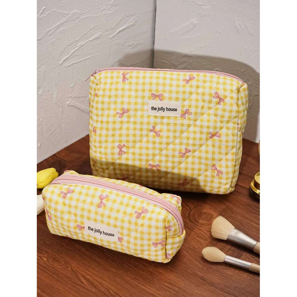 1pc/set Yellow Plaid Quilted Cute Bowknot Bag, Portable Toiletry Set with Zipper, Handheld Makeup Bag Y260206