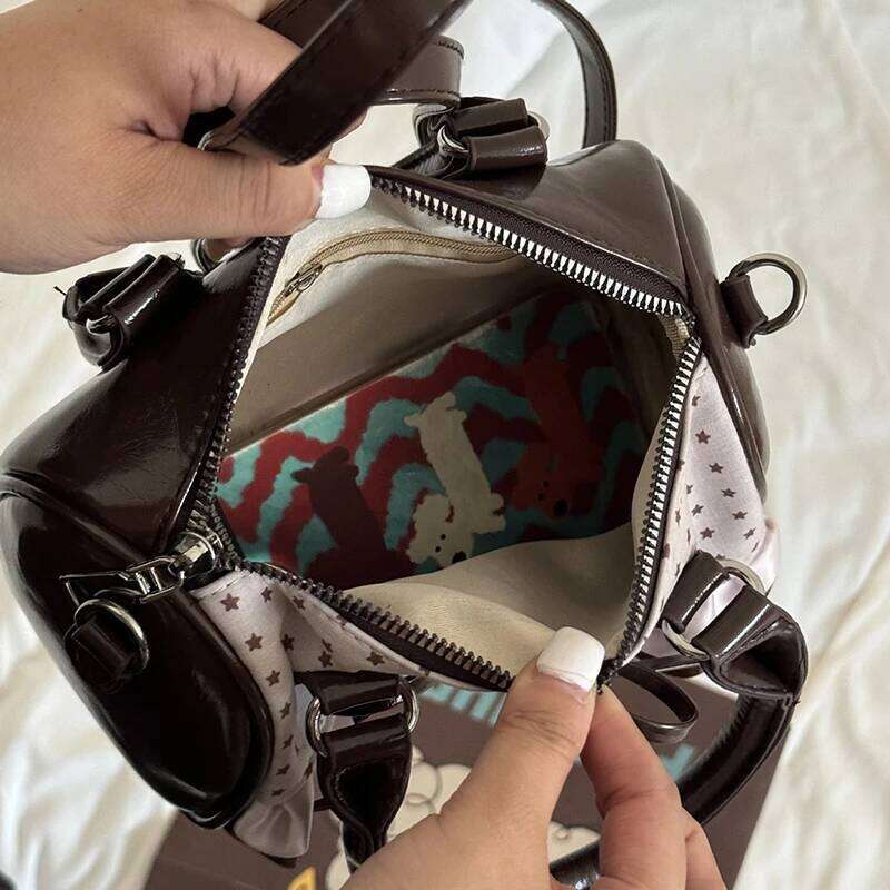 Cute Polka Dot Mini Handbag Brown Bow Design Ruffle Shoulder Sweet Plaid Detail Small Tote Purse Women Casual Crossbody Bag Y260205