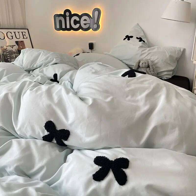 Bedding Set 2024 New Ins Style Minimalist Blue Washing Cotton black bow towel Embroidered Four PIECE Set, 1.5 Bed Sheets XJ260206