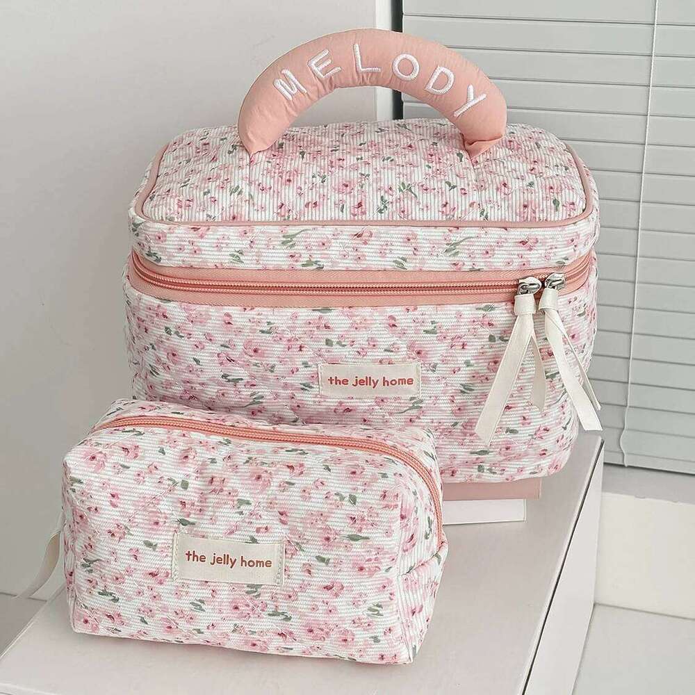 Vintage Pink Floral Women's Cosmetic Large Capacity Toiletry Makeup Storage Pouch Handbag Ladies Zipper Quilted Clutch Bag Y260206