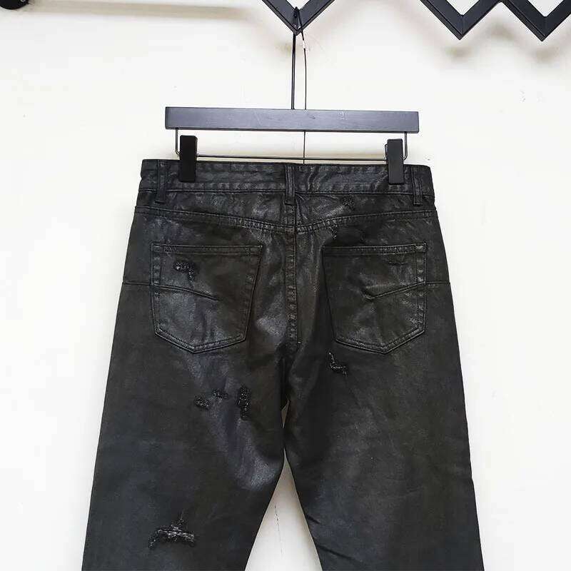 High Street Men's Black Glue Greatly Damages Pants Brush Wax Coating Torn Holes Wash Water Slim Streetwear Fit X260207 - view 5