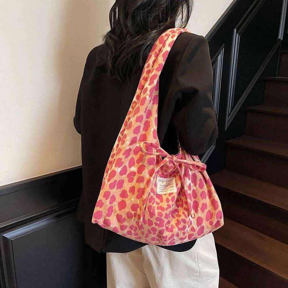 Stylish Handbag for Women, Double Sided Leopard Print Tote Bag, Fashion Bow Large Capacity Shoulder Bag Y260205