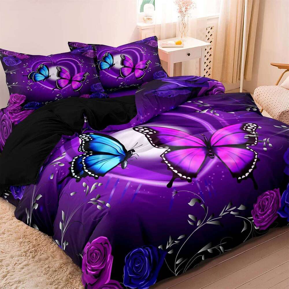 3pcs Fashion Classic Popular Purple Butterfly Flower Digital Print Duvet Cover Bedding Set Soft Comfortable Bedroom Guest Room XJ260206
