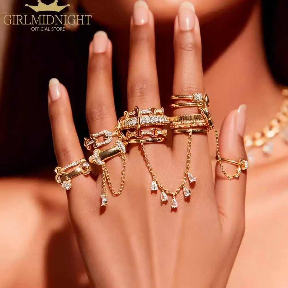 Iced Out Stack Chain Ring Gold Color Micro Paved 5A CZ Engagement Band Multi Piece Stacking Finger Fashion Jewelry 260205 - view 5