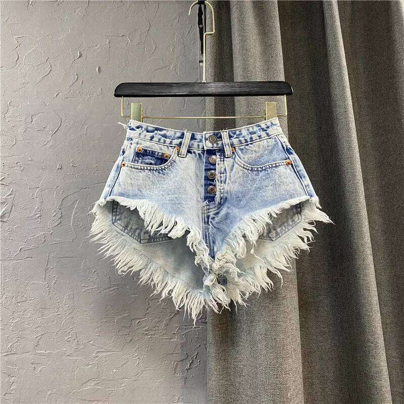 Women's Ripped Mid Rise Summer Button Tassel Single-breasted Wide-leg Denim Shorts Jeans Streetwear XJ260206