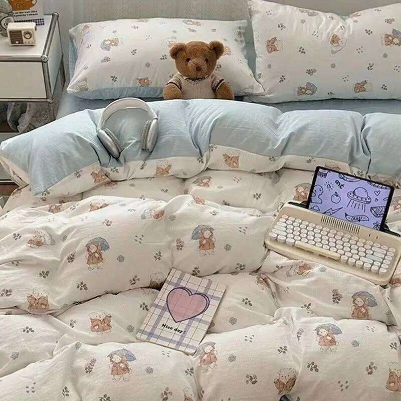 Kawaii Bedding Set for Kids Ins Twin Queen Size Duvet Cover Flat Sheet Pillowcase No Filler Girls Boys Home Totel Bed Linens XJ260206