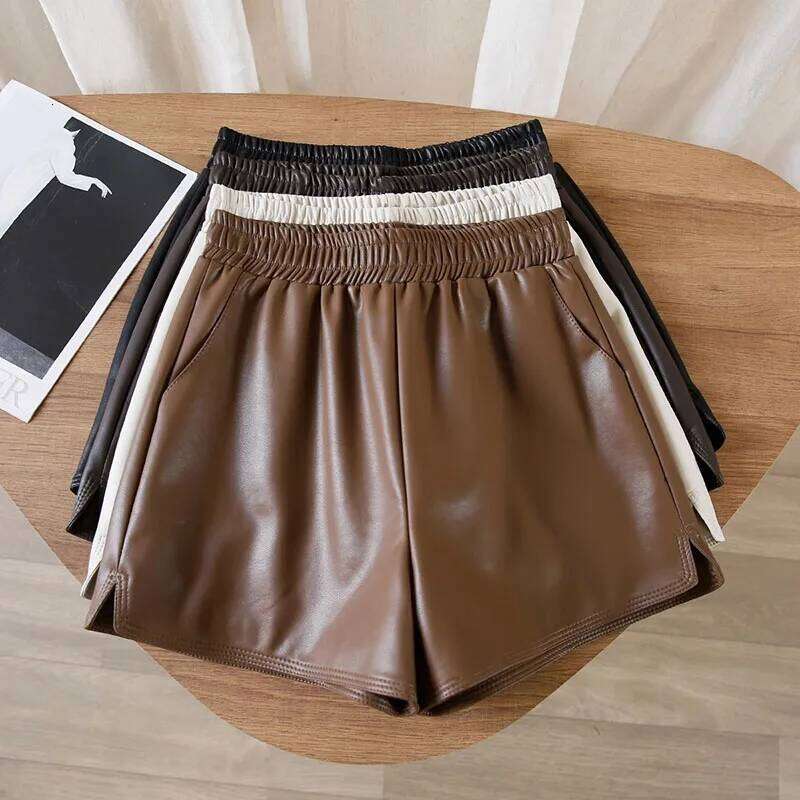 Autumn Winter Women's High-Waisted Slimming PU Leather Black A-Line Pants Loose Wide-Fitting Boots Over-Sized Shorts XJ260206