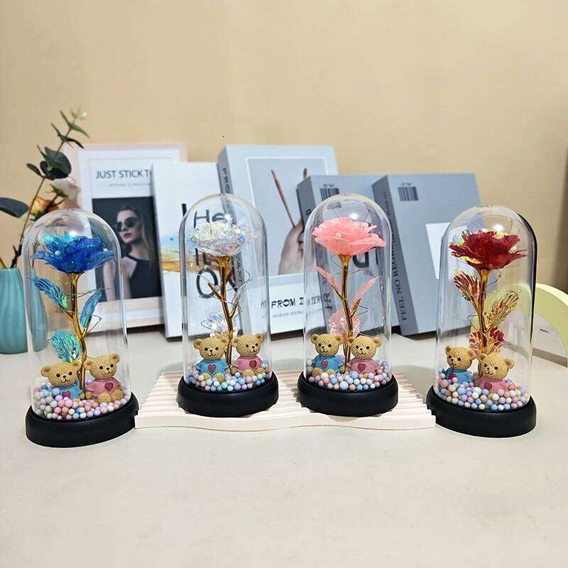 2026 Glowing Galaxy with LED Light Eternal Double Rose Valentine's Day Gifts Wedding Artificial Flower Home Desktop Decor S260204