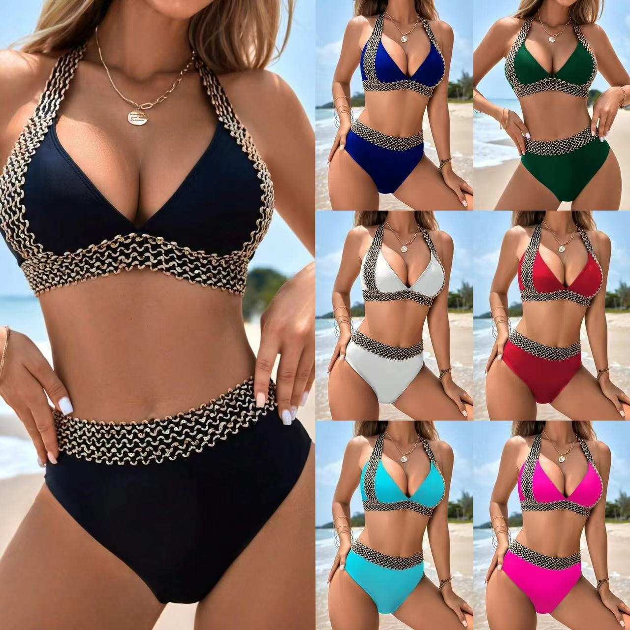 2026 Womens Two-Piece Tight-Fitting Solid Color Sexy Bikini High-Waisted Multi-Color Swimsuit