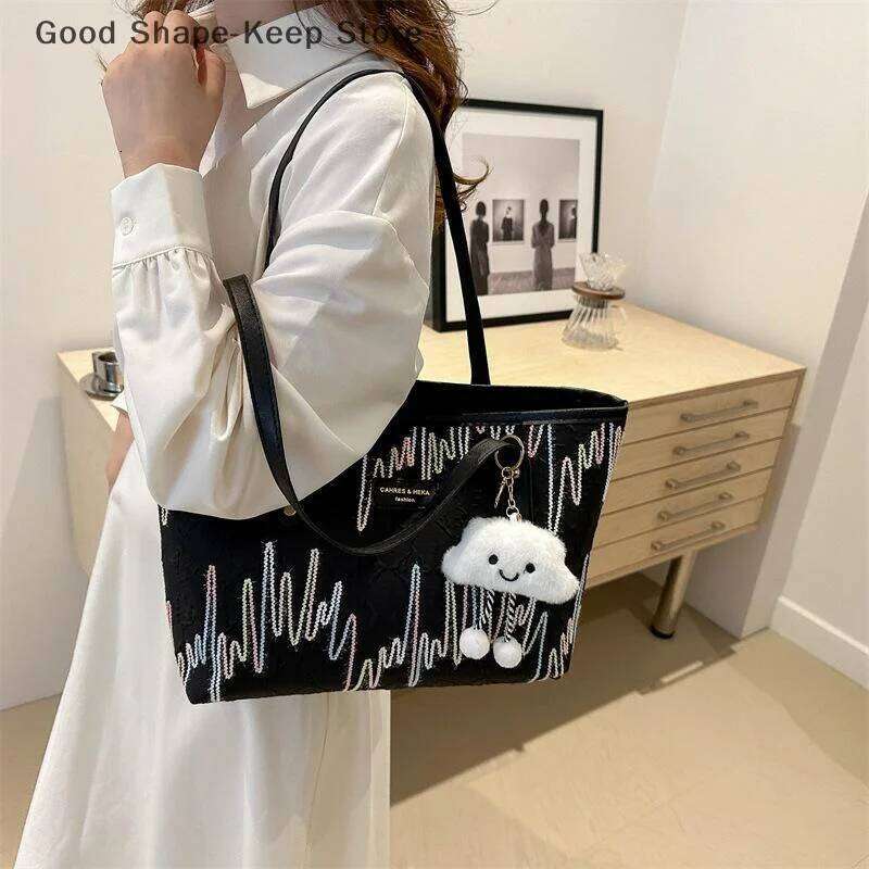 Versatile Striped Shoulder for Women; Large Capacity Casual Commuter Bag Y260205