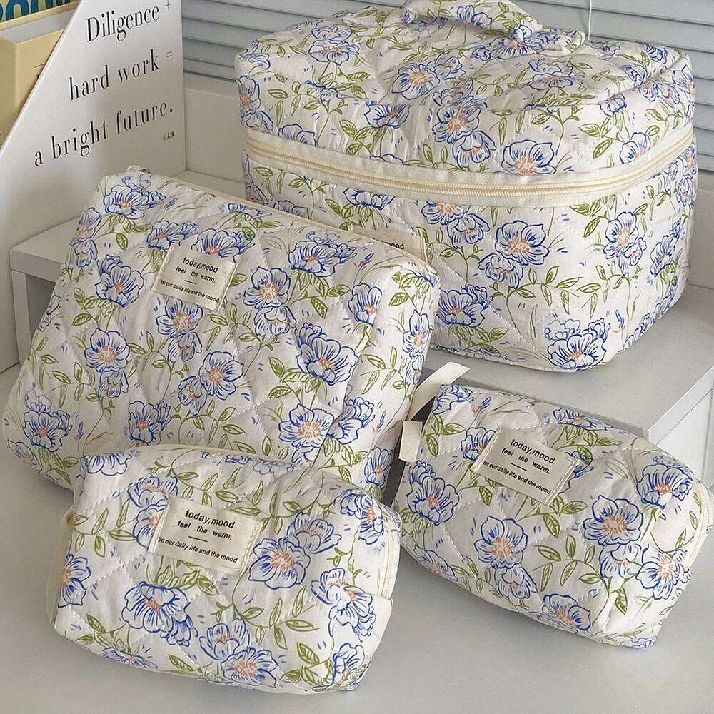 New Vintage Flower Women Cosmetic Portable Makeup Travel Organizer Quilted Handbag Tote Cotton Large Zipper Bag Y260206