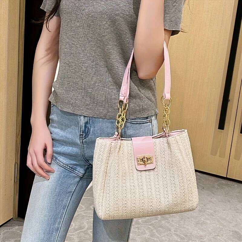 Elegant Women's Fabric Shoulder Bag with Adjustable Chain Strap Front Flap Button Closure Professional Use, Woven Handbag Y260204