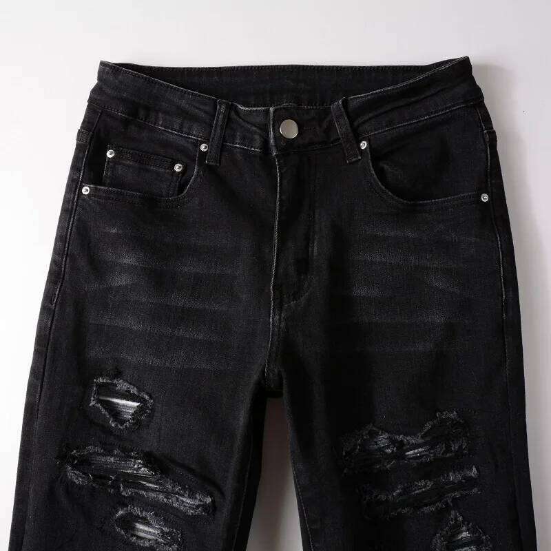 Men's Black Distressed Bandanna Patchwork Holes Repaired Skinny Stretch Moustache Slim Fit Ripped Jeans Men X260207