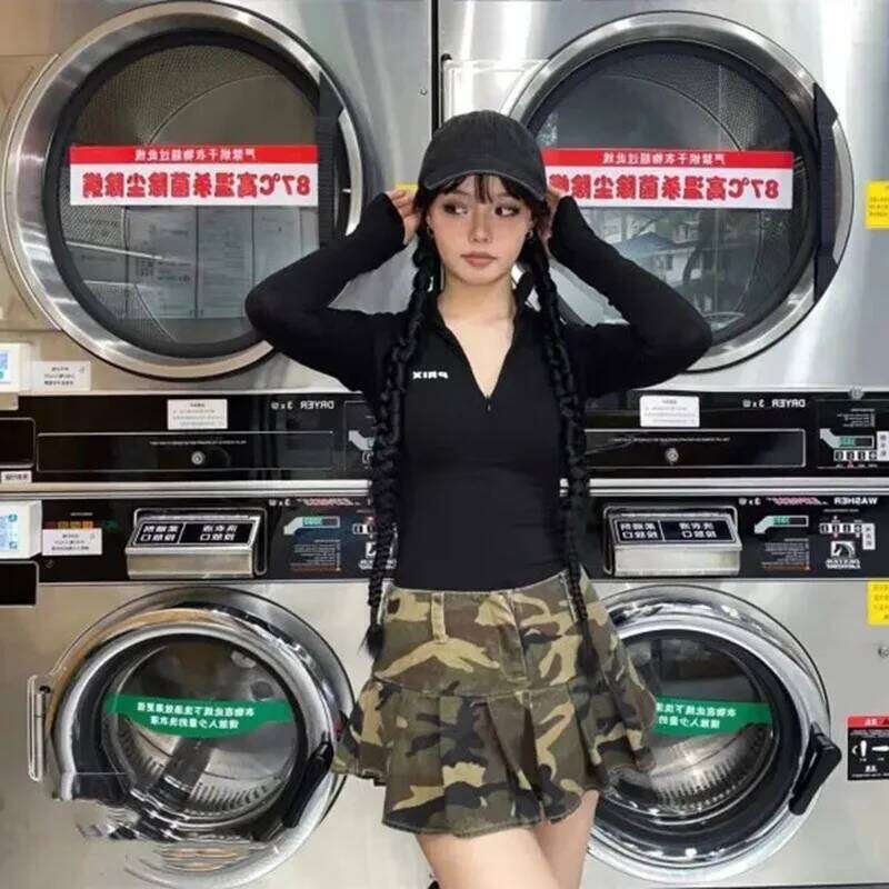 Pleated Skirts for Women American Style Vintage Clothing Summer Camouflage High Street Fit Students All-match Young Sexy Chic XJ260206