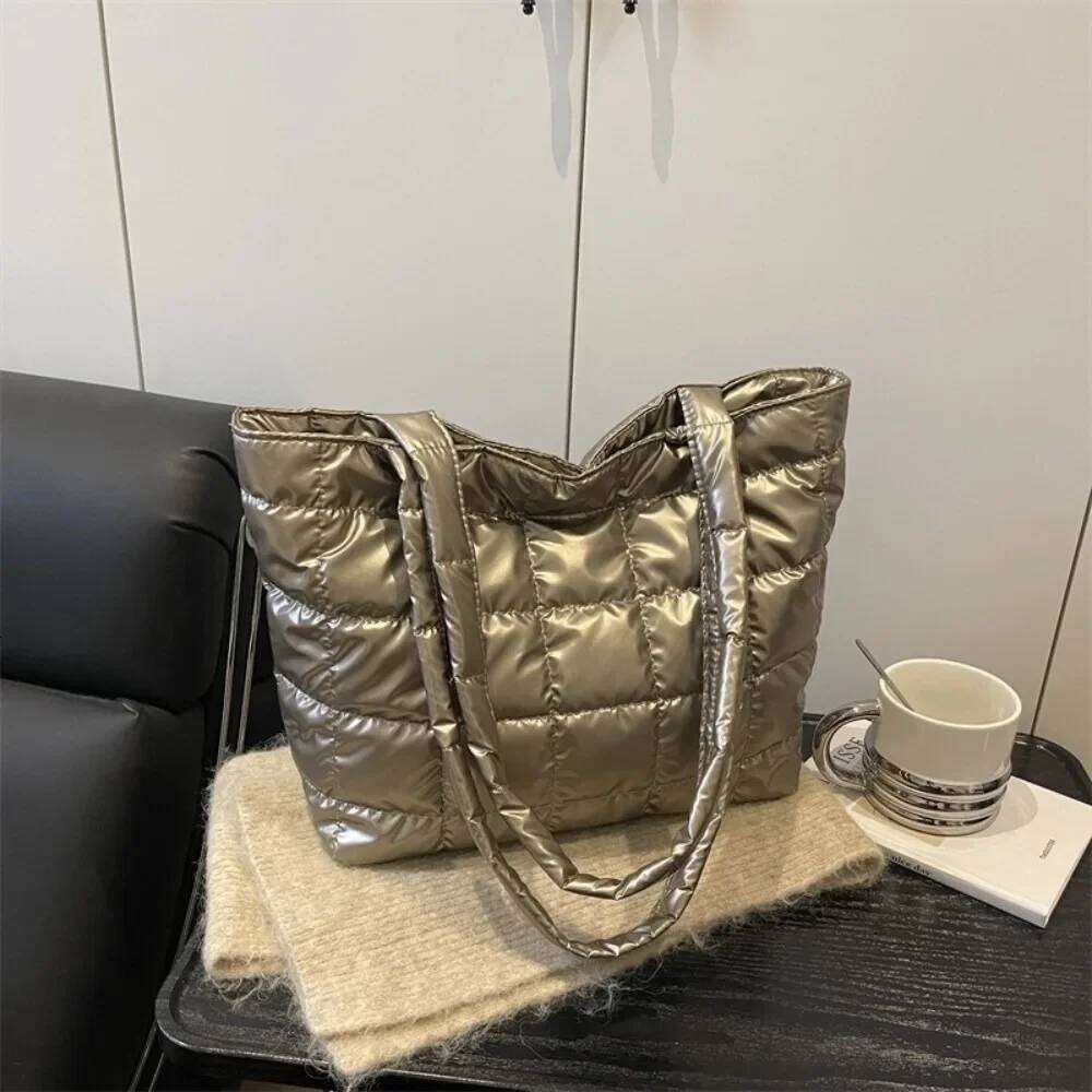 Fashion Solid Color Shoulder Large Capacity Down Cotton Padded Quilted Tote Bag Underarm Bags Winter Y260205