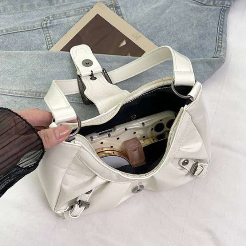 Belt Pleated Design Women PU Leather Shoulder Bags Y2K Style Simple Ladies Underarm Bag Casual Trendy Female Handbags Purse Y260205