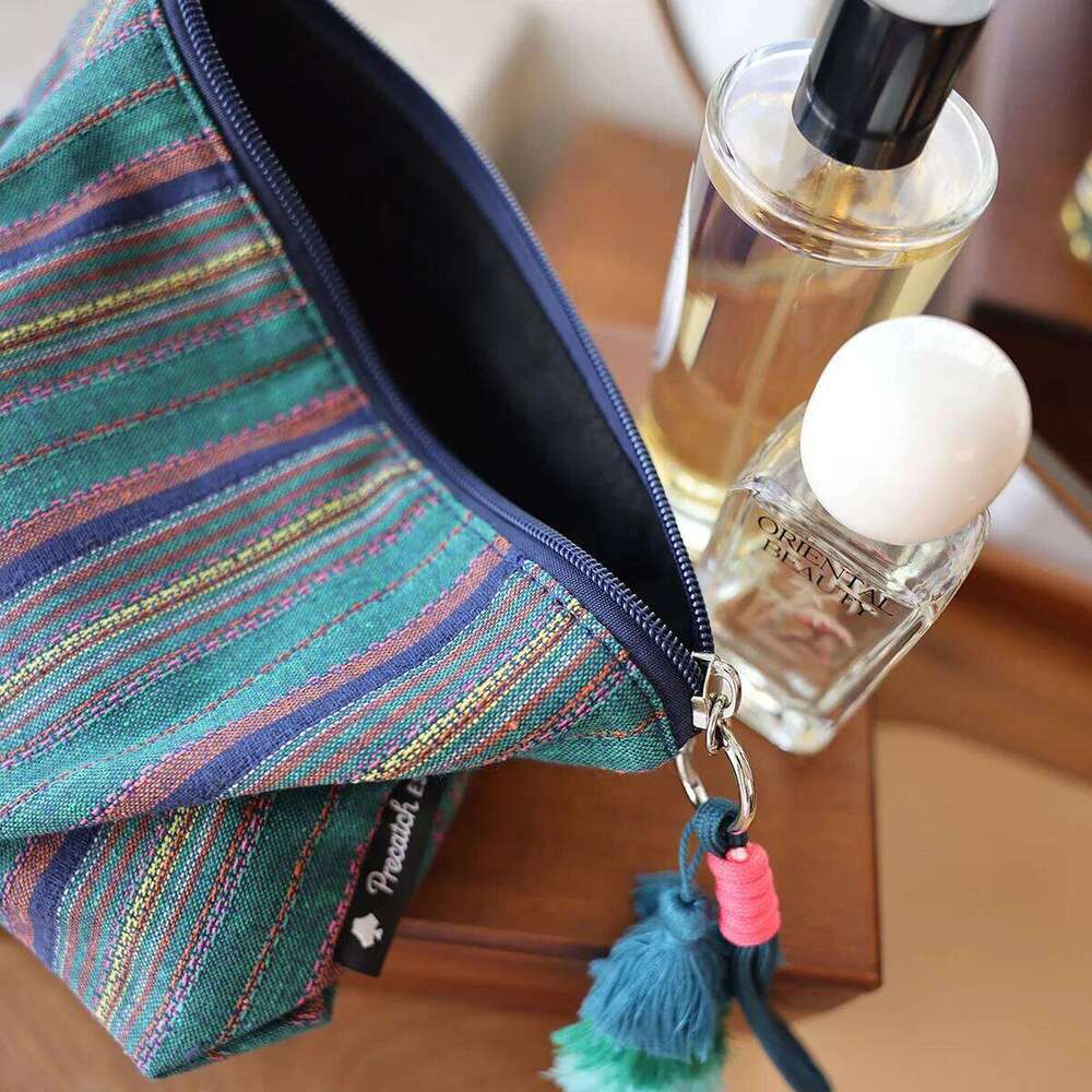 Colorful Striped Fringe Pendant Makeup Ethnic-Style Women's Zipper Travel Portable Storage Pouch Inner Liner Bag Clutch Y260206