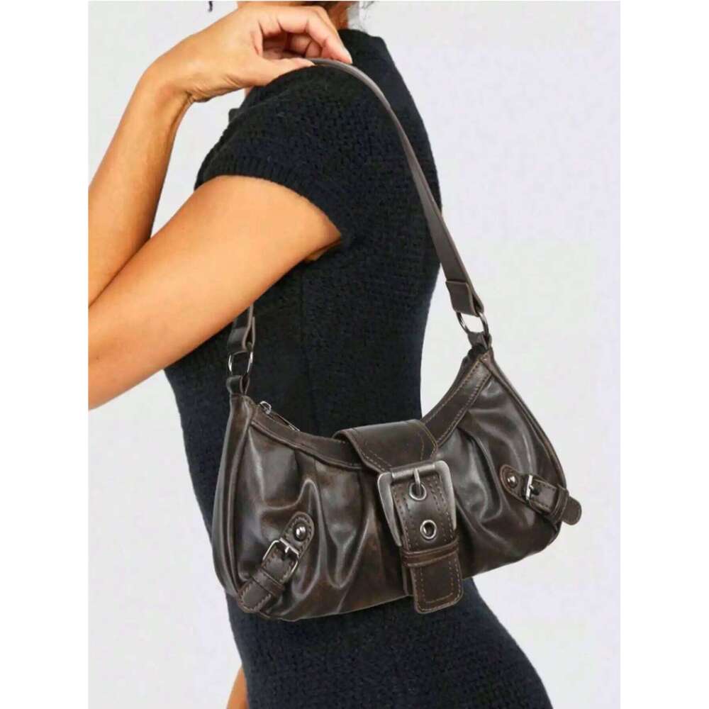 Y2K retro soft matte leather motorcycle with studs, straps, and pleated cloud decoration, can be worn as a shoulder bag or u Z260207 - view 7