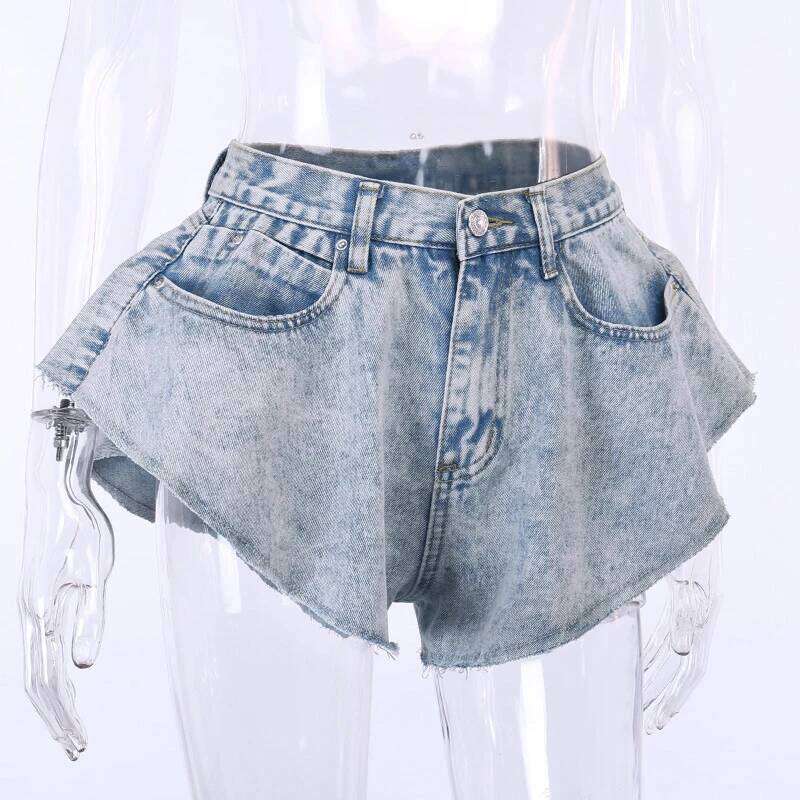 CHICEVER Denim Shorts For Female High Waist Pockets Sexy Ruffles Wide Leg Short Women's Solid Trousers 2024 Summer Clothes XJ260206