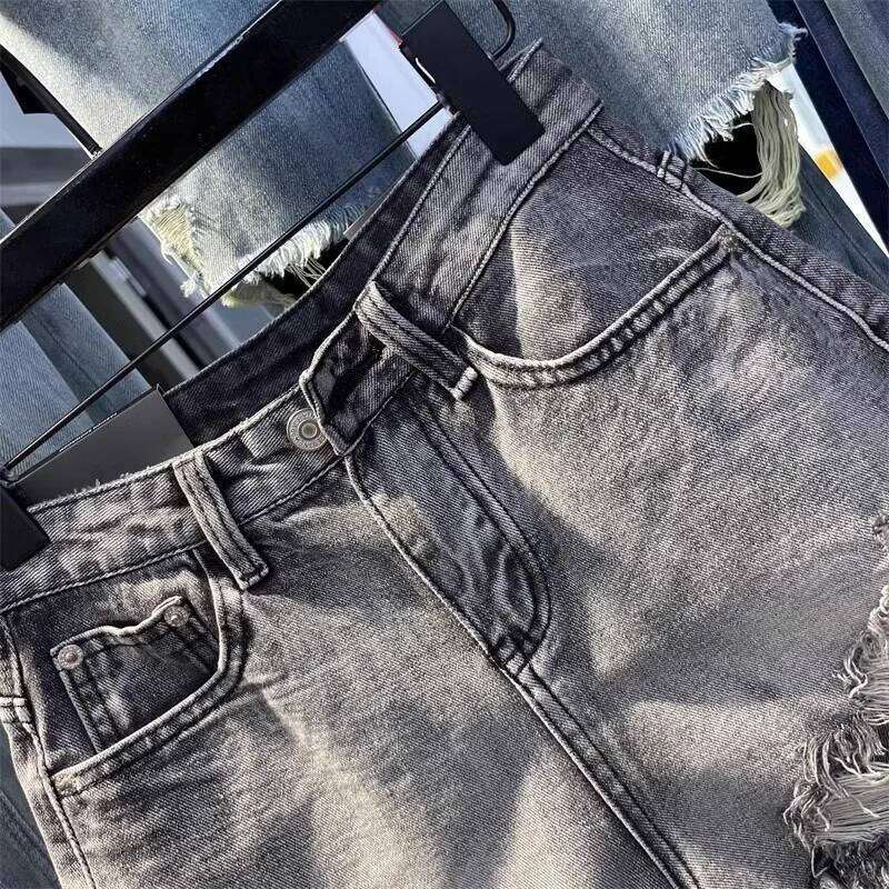 2026 New Black Grey Perforated Ragged Jeans Women High Waist Y2k Hole Ripped Tassel Booty Shorts XJ260206