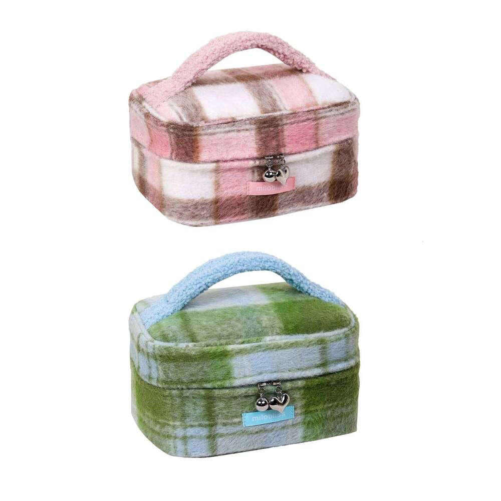 Customized plaid makeup niche fashion, color blocked large capacity storage bag, cute student handheld storag Y260206