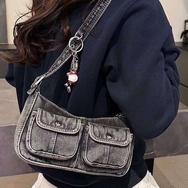 Vintage Denim Shoulder Underarm Bags for Women Portable Spicy Cool Girl Y2K Handbag Double-pocket Design Ladies Armpit Bag Purse Y260205