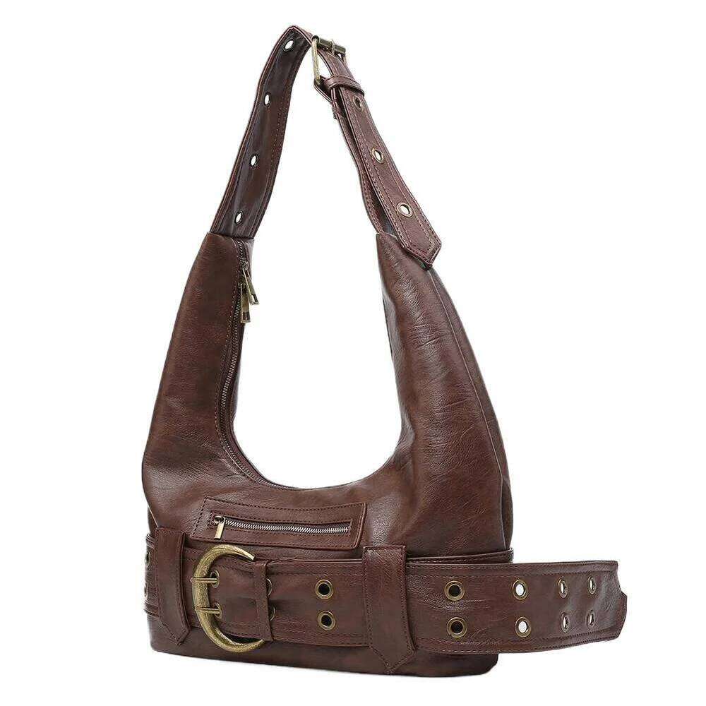 PU Leather Y2k Shoulder Adjustable Strap Belt Buckle Handbag Solid Color Motorcycle Commute Travel Shopping Tote Bag Y260205