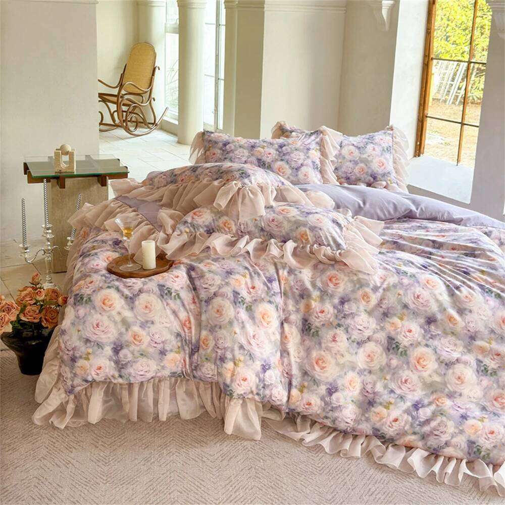 Pink Flower Bedding Soft Luxury Bedroom Decor Comforter Ruffles Duvet Cover Pillowcase Bed Sheet Cotton Four Pieces Set XJ260206
