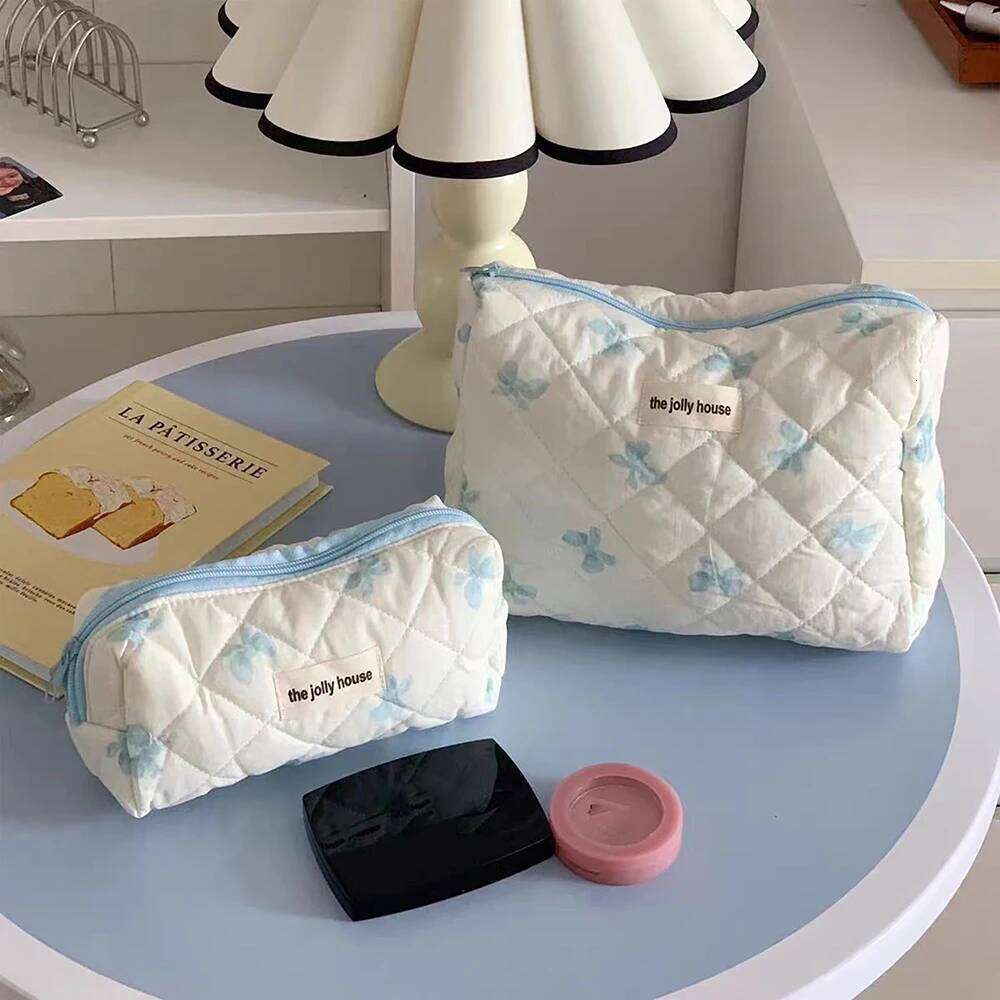 New Women Cosmetic Storage Cotton Quilted Bag Simple Bow Knot Lipstic Makeup Organizer Handbag Cute Large Capacity Zipper Bags Y260206