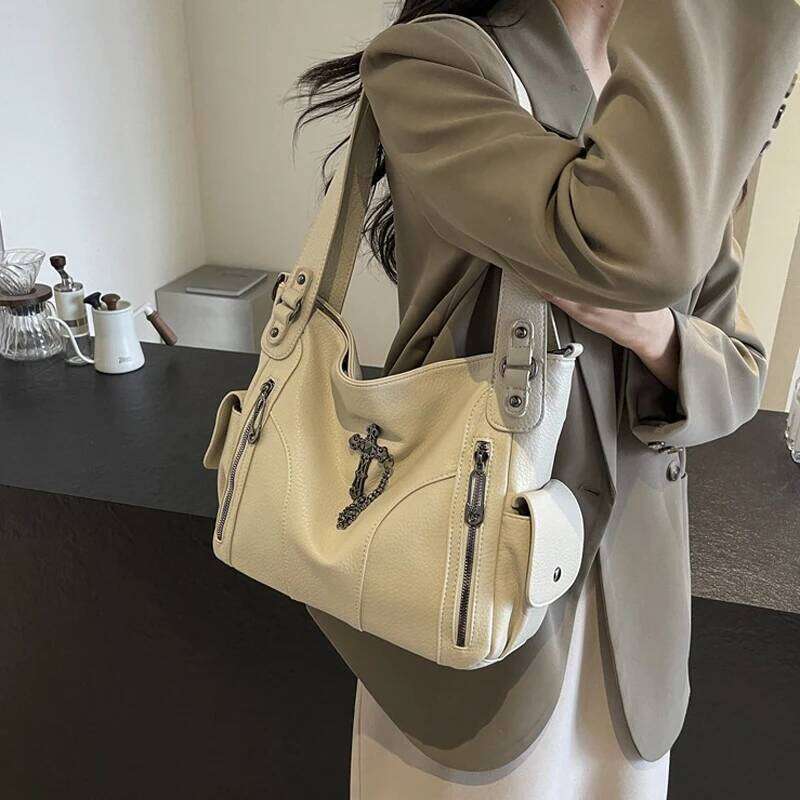 FLYING STARS Brand Tote Hardware Cross Women's Y2K Handbag Vintage PU Leather Large Capacity Women Shoulder Bag Y260205