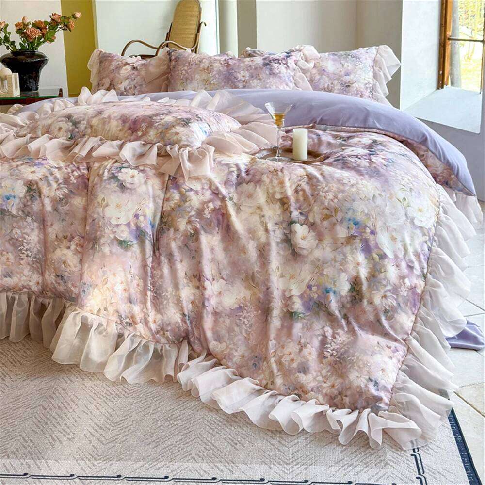 Pink Flower Bedding Soft Bedroom Decor Comforter Ruffles Duvet Cover Pillowcase Bed Sheet Luxury Home Four Pieces Set XJ260206