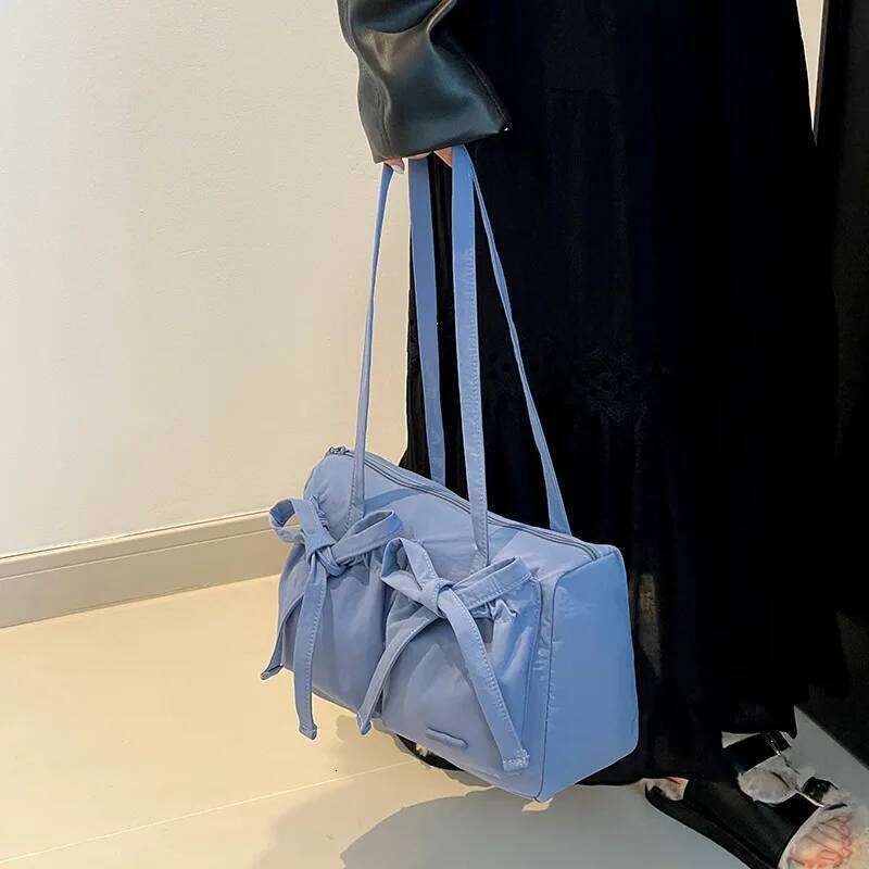 Sweet Pleated Bow Women Shoulder Bags Commuter High Capacity Ladies Underarm Bag Candy Color Waterproof Nylon Female Handbags Y260205