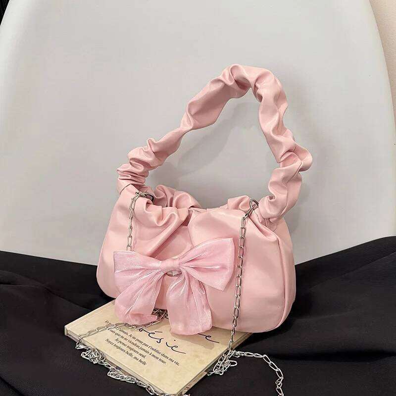 French Sweet Bow Pleated Strap Shoulder Bags for Women Versatile Ladies Chain Crossbody Bag Solid Color Female Pu Handbag Purse Y260205