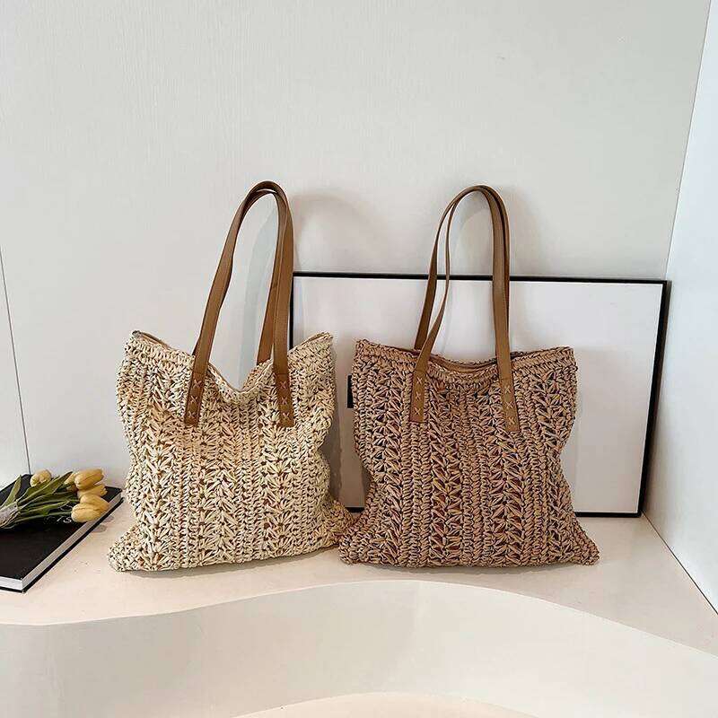 Women's Straw Bag Boho Hollow Design Summer Large Capacity Bucket Handbag Rattan Weave Handmade Craft Tote Basket Y260205