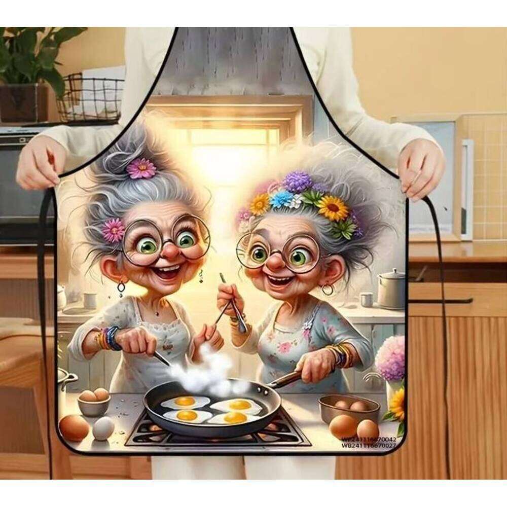 1pc Whimsical Granny Pattern - Fun Polyester Sleeveless Cooking & Cleaning Bib Apron with Charming Kitchen Scene S260205