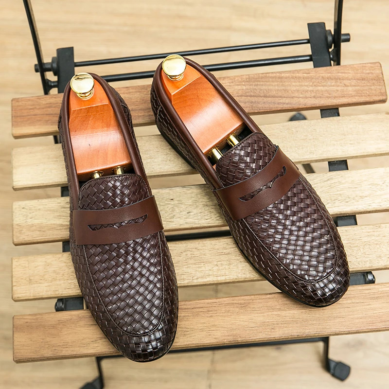 European station fashion bean shoes leather mens slipon loafers classic plaid small 260126