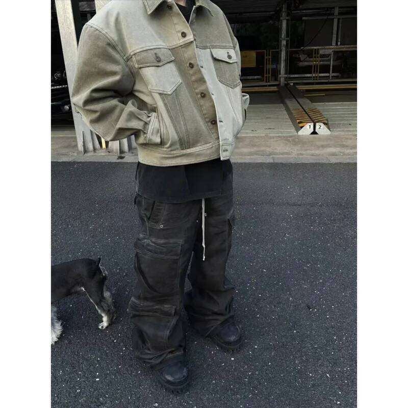 Men's Cargo Pants Wide-leg Washed Grey Jeans RO Style Y2k Fashion Slacks Loose Athleisure X260207