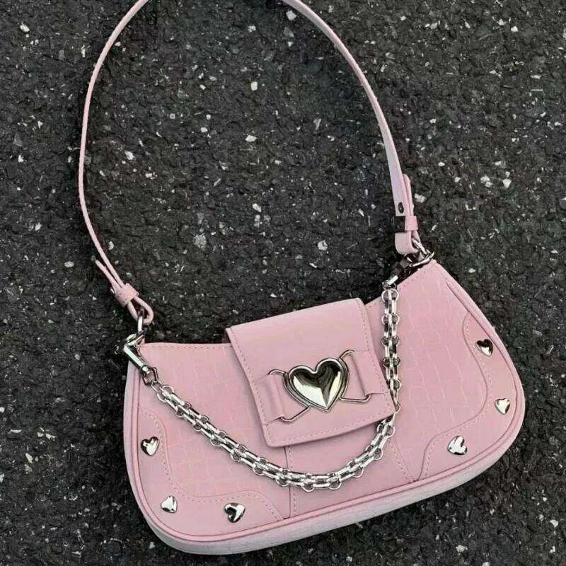 Woman's Bags Pink Single Shoulder Metal Chain Heart Decoration Y2K Style Underarm Bag Loveliness Lady Fashion Handbags Y260205